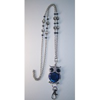 Blue Crystal Owl & Silver Flower Beaded Lanyard Necklace / ID Badge Cruise Card Holder